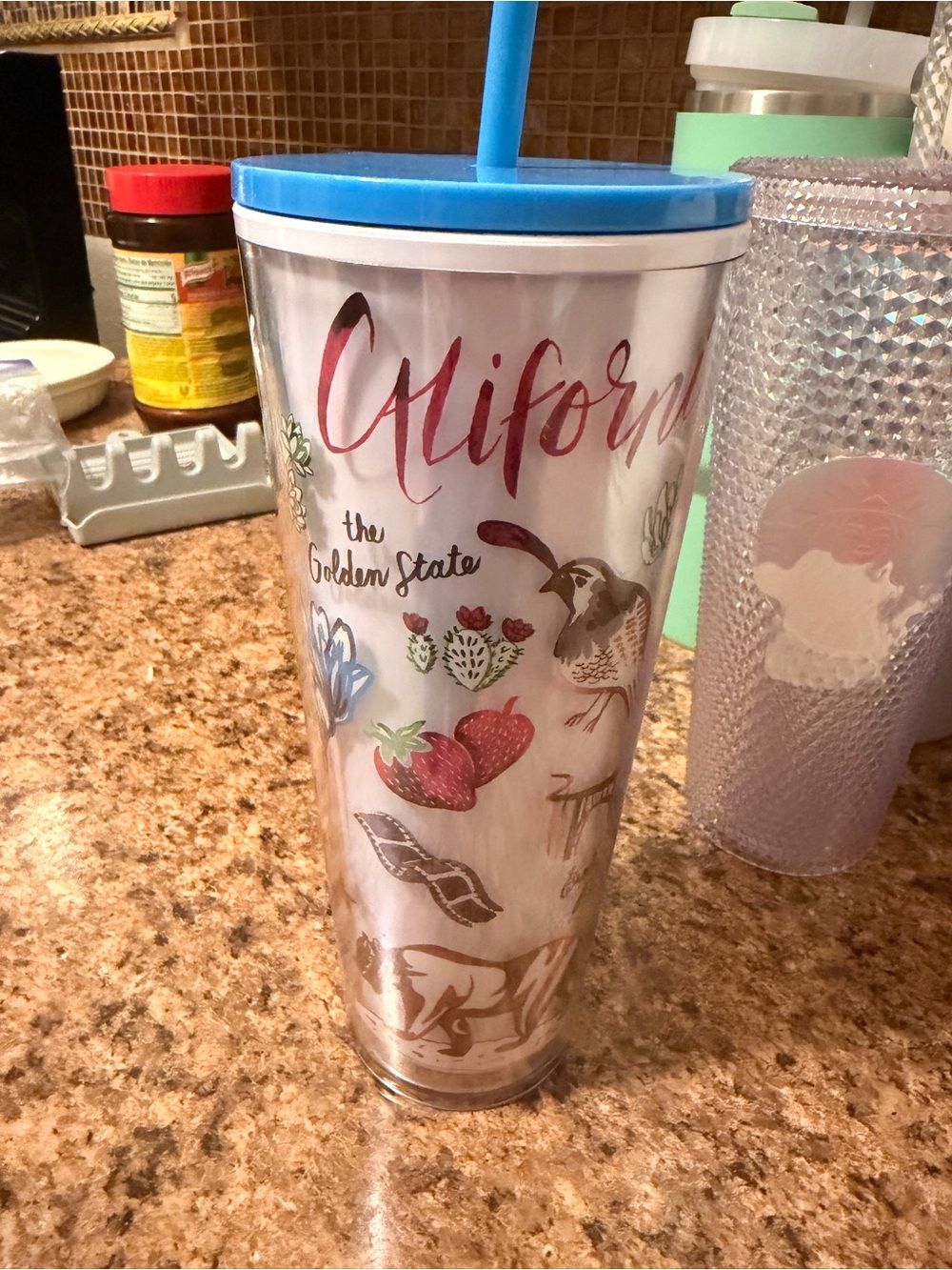 California Themed Travel Tumbler with Straw - Blue Lid